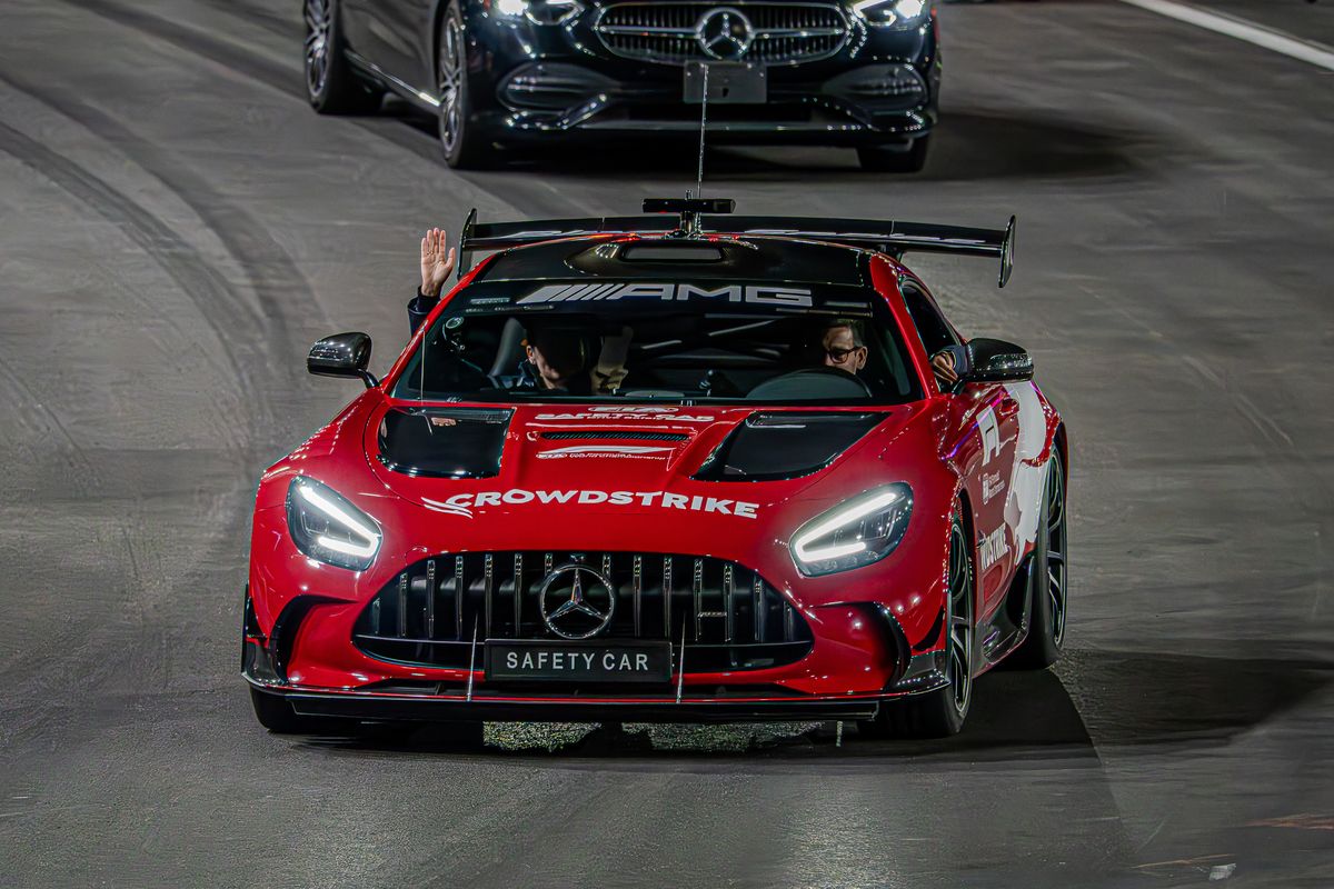 Red Mercedes-AMG Formula 1 safety car on track at the Las Vegas Grand Prix