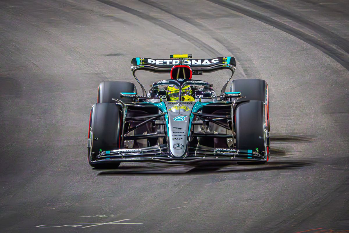 Mercedes Formula 1 car head-on under the lights at the Las Vegas Grand Prix