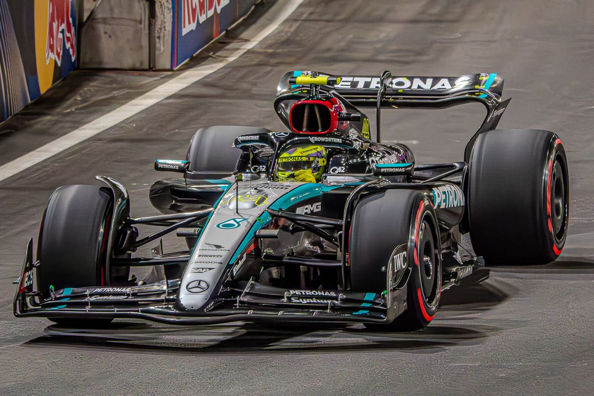 Mercedes Formula 1 car on track at night during the Las Vegas Grand Prix