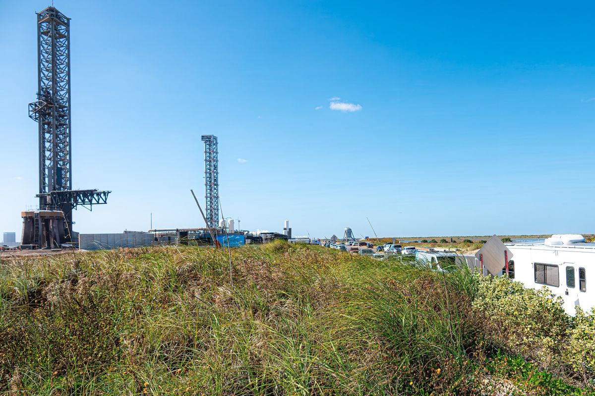 SpaceX Starbase launch towers and pad beside the highway, Boca Chica, Texas