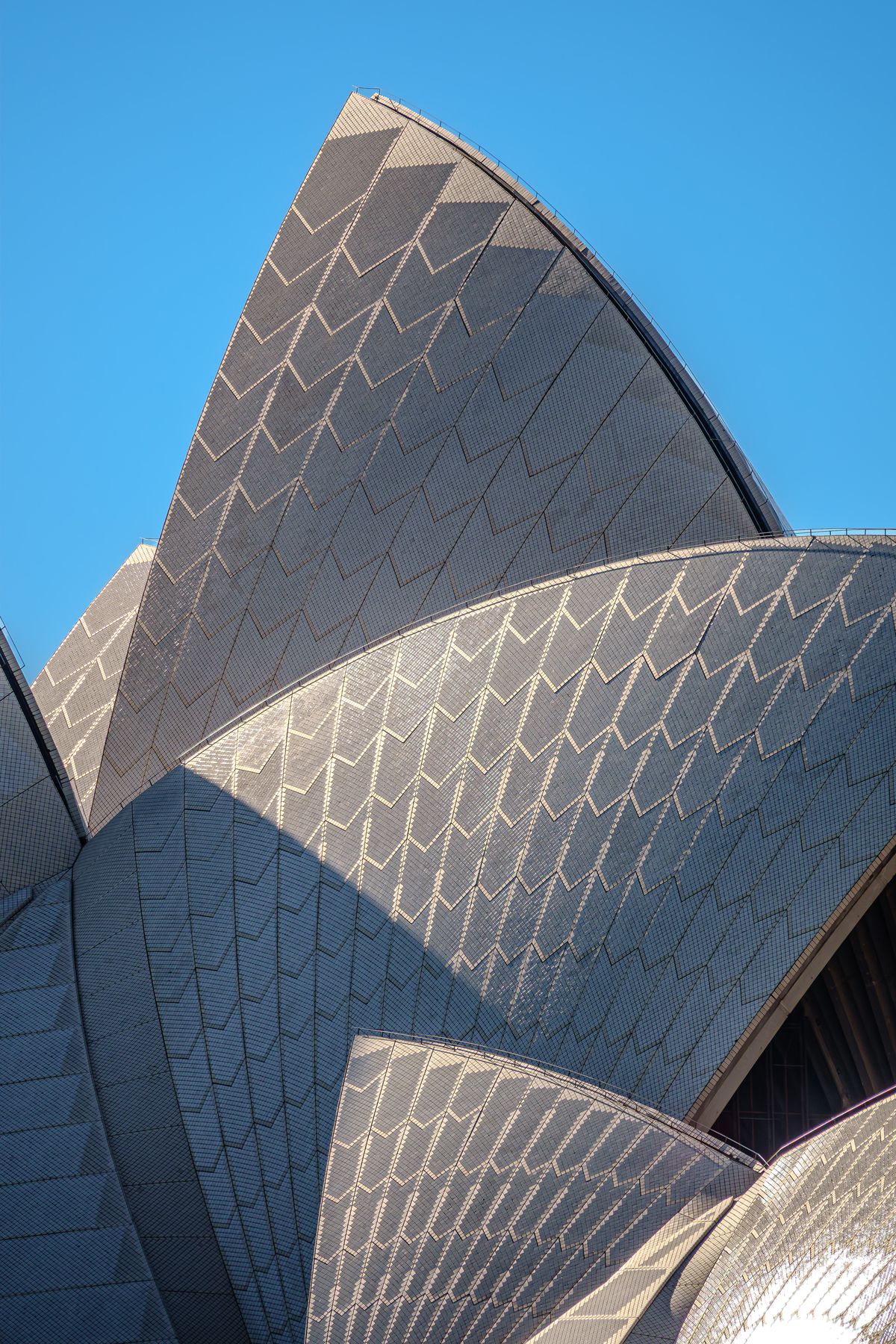 Close-up of the Sydney Opera House sail tiles against a clear blue sky