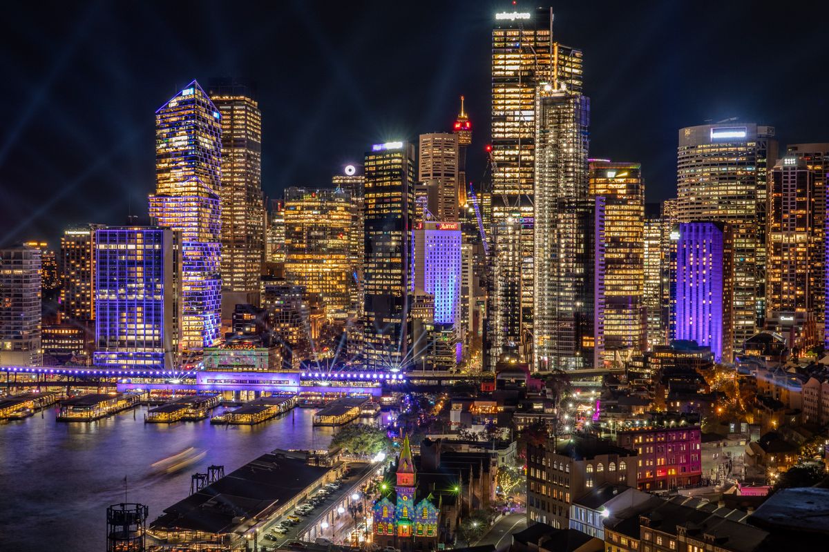 Sydney CBD skyline and Circular Quay lit up for Vivid Sydney, long exposure